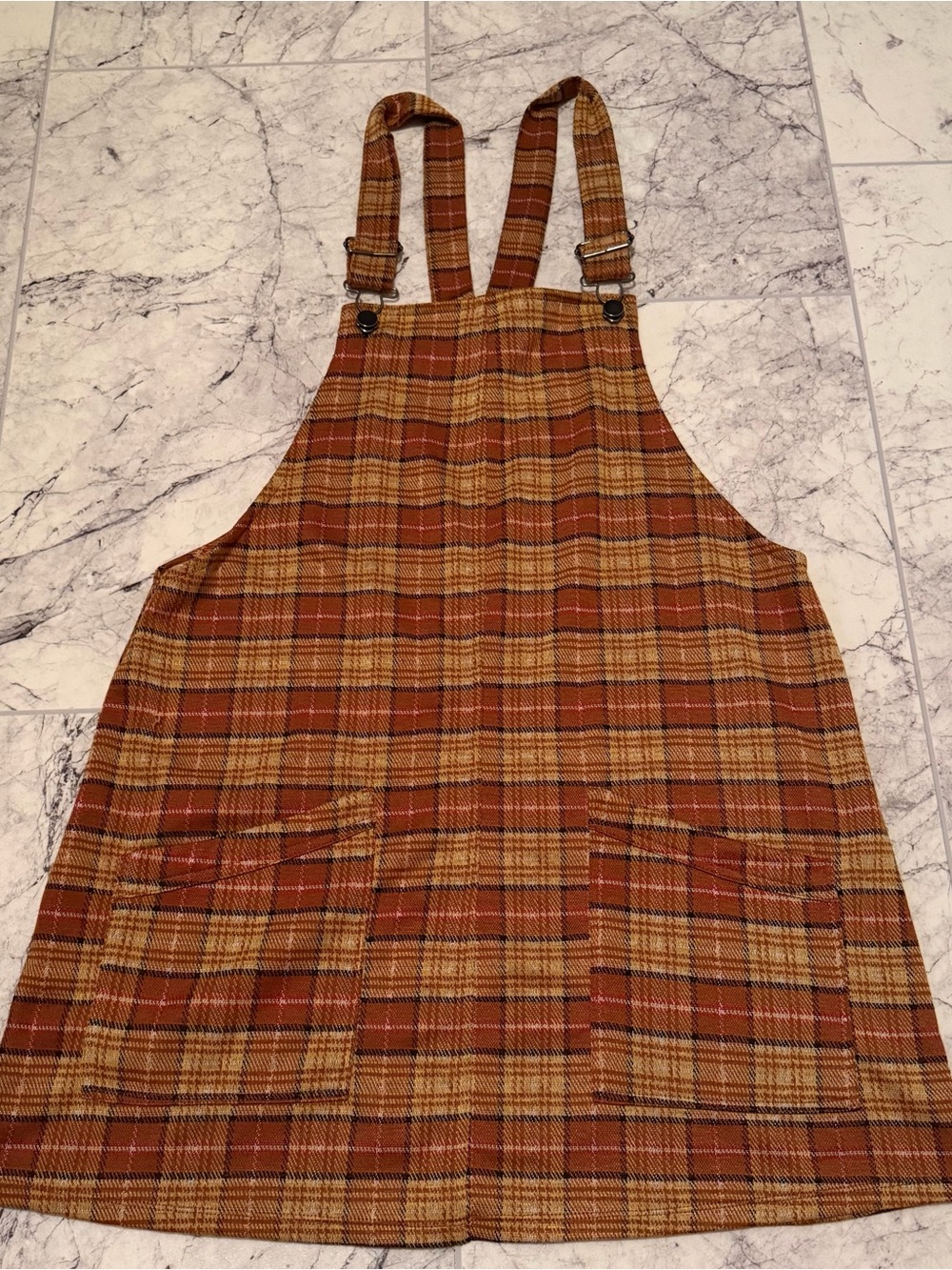 No Boundaries Plaid Pinafore Dress in Rust & Mustard